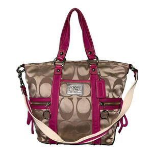 COACH POPPY Monogram Canvas Leather Trim Shoulder/Hand Bag Tote Pink Beige